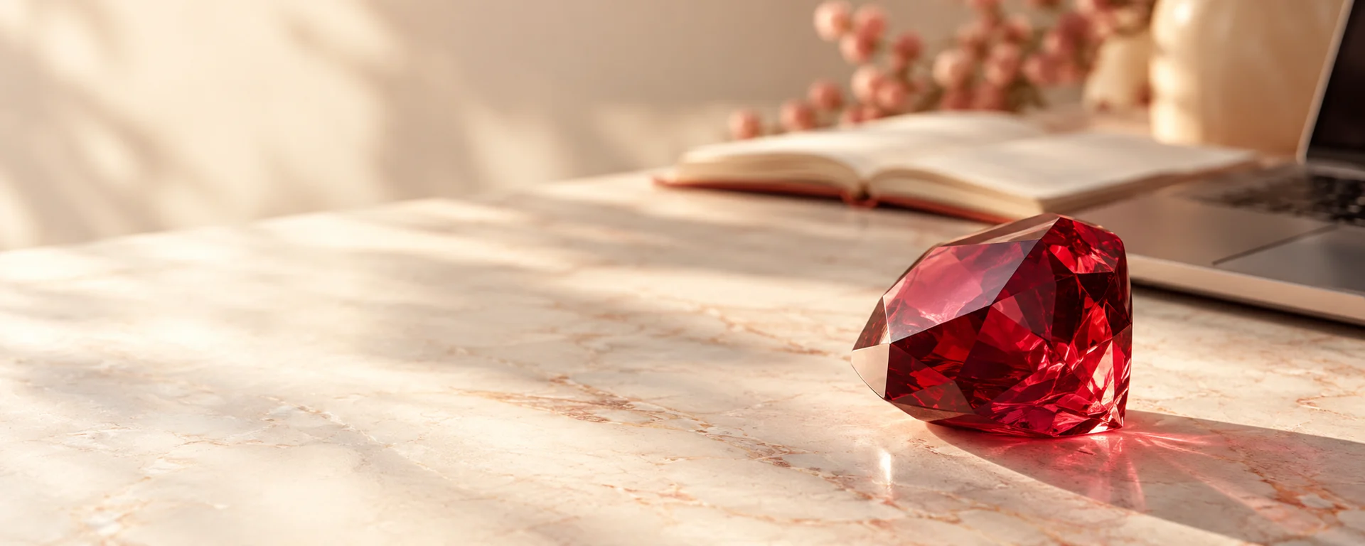 Ruby crystal on a sunlit work desk